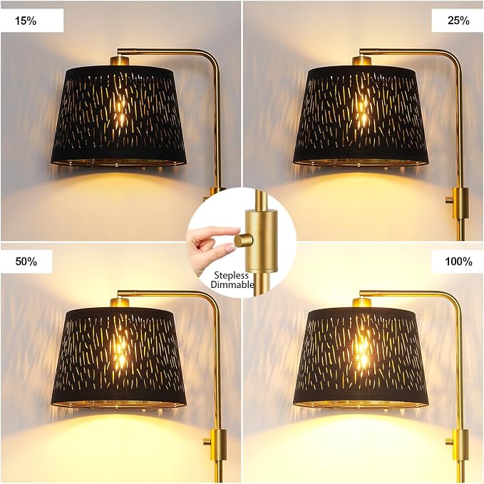 【Upgraded】 Dimmable Gold Floor Lamp, 1000 Lumens LED Edison Bulb Included, Arc Black Floor Lamps for Living Room Modern Standing Lamp with Black Grid Shade, Tall Lamps for Living Room Bedroom Office