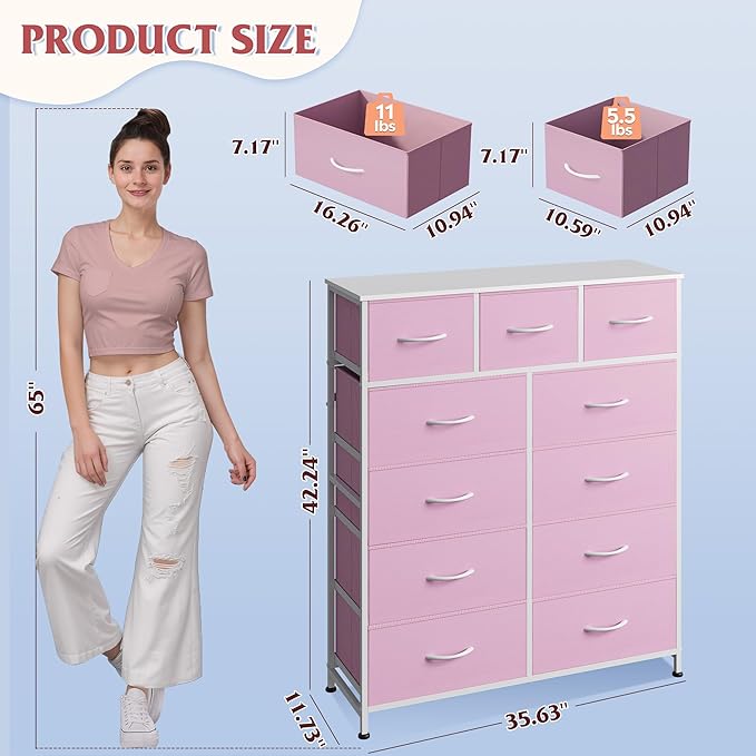 WLIVE 11 Drawer Dresser for Bedroom, Tall Chest of Drawers, A-Pink | 11 fabric storage drawers, Tall high-capacity design, Bedroom or dorm use, Sturdy steel frame, Smooth wood tabletop