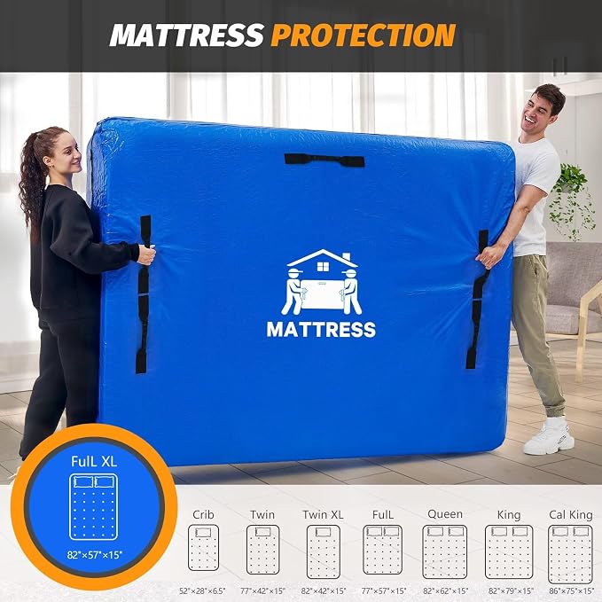 Mattress Bags for Moving, BETU Mattress Protector Waterproof Mattress Cover Full XL Size Storage Bags with 8 Heavy-Duty Handles and Zipper for Bed Extra Thick Large Reusable (82"x57"x15" Blue)