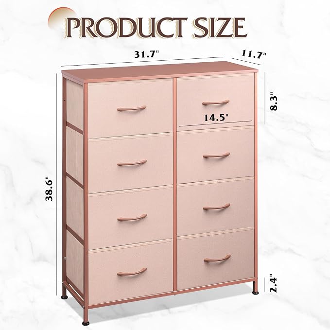 WLIVE Fabric Dresser for Bedroom, Tall Dresser with 8 Drawers, Storage Tower with Fabric Bins, Double Dresser, Chest of Drawers for Closet, Playroom, Dormitory, Pink and Rose Gold | Pink 8-drawer tall storage tower with fabric bins and wood tabletop, b...