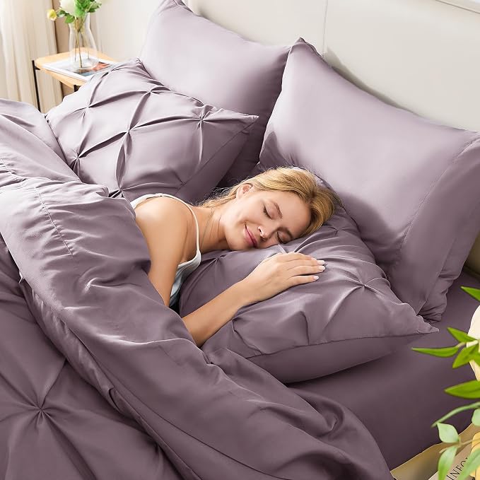 HIMEET King Size Comforter Set Dusty Purple - 7 Pieces Pintuck Bed in a Bag | OEKO-TEX Certified, 240GSM Down Alternative Comforter, 14" Deep Pocket Fitted Sheet + Flat Sheet + 2 Pillowcases + 2 Shams