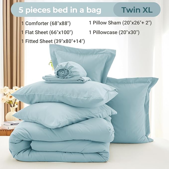 5 Pieces Twin XL Comforter Set, Soft Bed in a Bag Twin XL Size, All Season Bedding Set with Comforter, Flat Sheet, Fitted Sheet, Pillowcases & Shams, Lake Blue