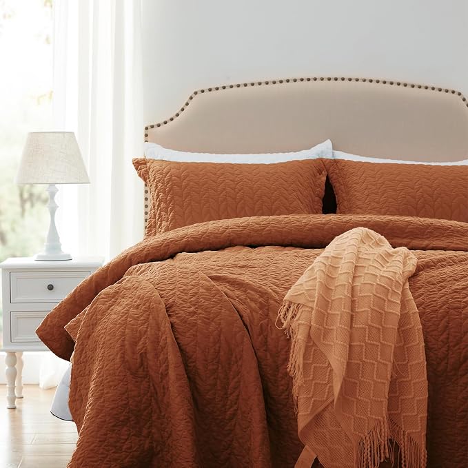 SunStyle Home Queen Quilt Bedding Set, Lightweight Bedspreads,Brunt Orange | Soft Coverlet With 2 Pillow Shams,Morden Style Quilts for All Season, Suitable for Bed,Couch,Bedroom,Guest Room,90"X96"