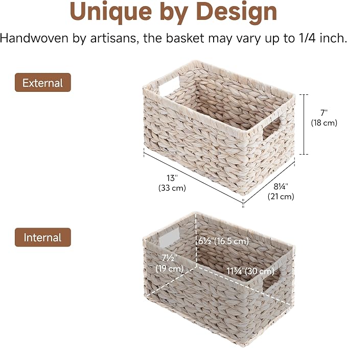 StorageWorks Wicker Storage Baskets for Shelves,White Wicker Baskets,2-Pack | Water Hyacinth Pantry Baskets, Wicker Storage Baskets for Organizing, Pantry Organizers and Storage,White Baskets for Storage