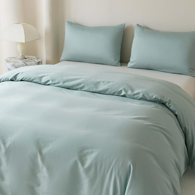 HeimenAogo Egyptian Cotton Duvet Cover Queen Size Sateen Weave, Silky Soft and Breathable Bedding Set with Zipper Closure, Long Staple Cotton Bed Linen Skylight Blue 3Pcs (90"×90")
