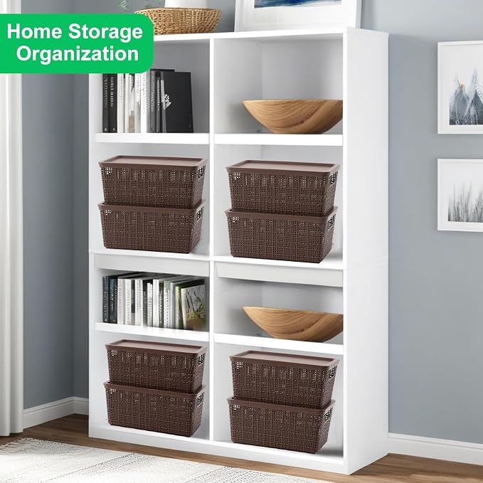 6 Pack Plastic Storage Baskets with Lid,Brown Stackable Bins | Durable Woven Plastic With handle Breathable,Save space ,For Organizing Desktops, Closets, Playrooms, Classrooms, Offices
