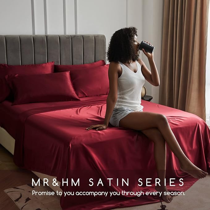 MR&HM Satin Sheets Queen Size with Elastic Corner Straps, Burgundy | Similar to Silk, 4-Piece Silky Soft Bed Sheet Set, Gentle on Skin and Hair, 15" Deep Pocket, Cooling & Breathable