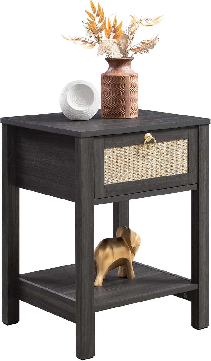SICOTAS Rattan Nightstand with Storage Shelf, Boho Bedside Table End Table | Night Stand with Rattan Drawer, Boho End Table with Storage for Bedroom, Apartment, Guest Room, Small Spaces, and Dorm Rooms