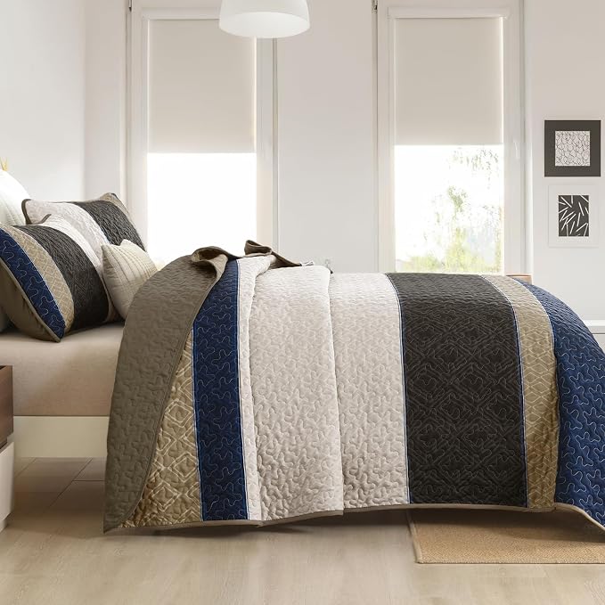 Cottolester Quilt Set Full,Brown Blue Striped Plaid Bedspread Coverlet Set | Lightweight Coverlets Set with 2 PillowShams,All Seasons Microfiber Boho Quilt Bedding Sets for Bedroom Guest Room 78"x90"