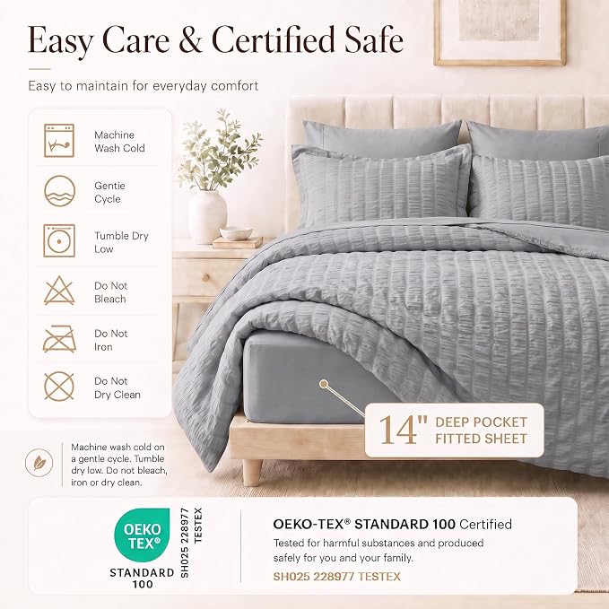 Oversized King Comforter Set, 7-Piece Grey Seersucker, 120 x 98 in | OEKO-TEX Certified All Season Bed in a Bag with 240 GSM Down Alternative Comforter, Flat & Fitted Sheets, Pillowcases & Shams