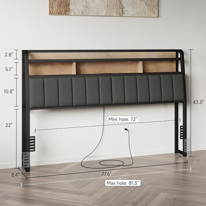 King Headboard Only with Storage, Charging Station, Black & Brown | Upholstered Headboards for King Size Bed with LED Light, Height Adjustable, Sturdy and Stable Headboard