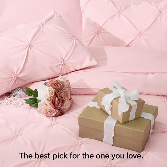 BEDELITE Queen Comforter Set Baby Pink,Lightweight & Soft Comforter | 7 Pc Boho Bed in a Bag,Warm & Cute Bed Set for All Season,Includes Comforter,Flat & Fitted Sheets,2 Pillowcases & 2 Shams