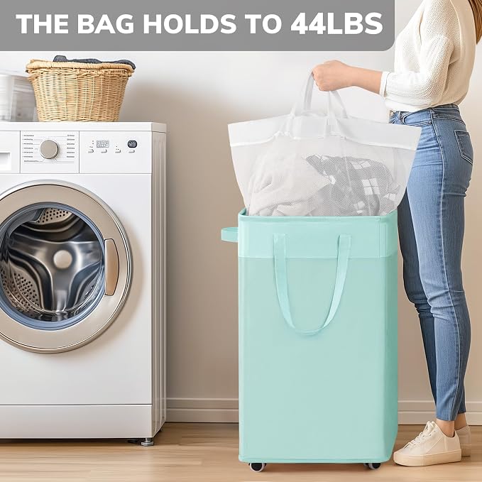 Goodpick 2-Pack Rolling Laundry Basket with Removable Wash Bag, 75L | Large Laundry Basket with Wheels and Handle for Dirty Clothes, Fodable Hamper for College Dorm,Blue