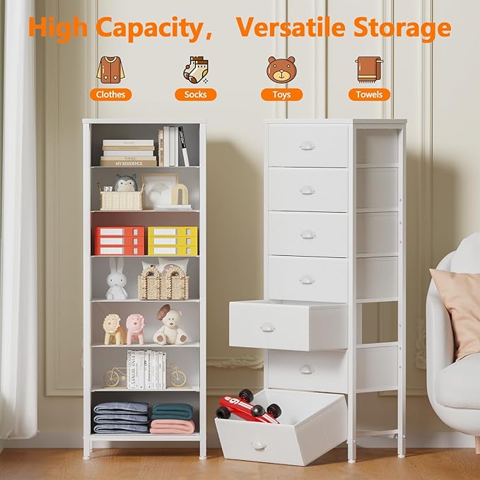 Furnulem White Tall Dresser for Bedroom, Chest of Drawer with Fabric Drawer | Tall Skinny Dresser with 7 Drawers, Metal Frame, Wooden Top, Dorm Vertical Closet, Bedside Furniture in Living Room