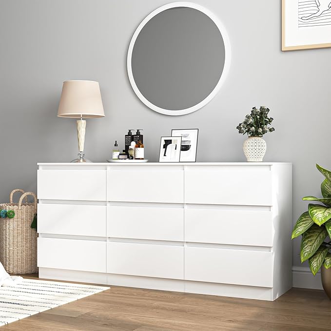 Vibe & Dine White Dresser 9 Drawer, Modern Long Dresser for Bedroom, Wood Chest of Drawers with Wide Storage for Living Room