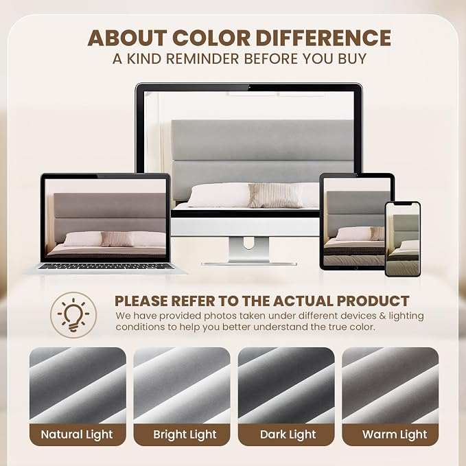 GRUSIGN King Size Platform Bed Frame with Velvet Headboard, Adjustable Height Wooden Slats Support, Upholstered Mattress Foundation, Fits Mattress or Mattress with Box Spring, Easy Assembly, Grey