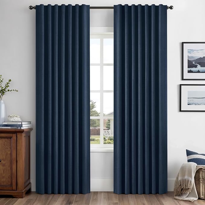 MIULEE 100% Blackout Linen Curtains 42 x 72 Inch Midnight Blue 2 Panels | Thermal Insulated, Room Darkening Drapes for Bedroom Living Room, Back Tab Rod Pocket Pinch Pleated, Solid Luxury Decor