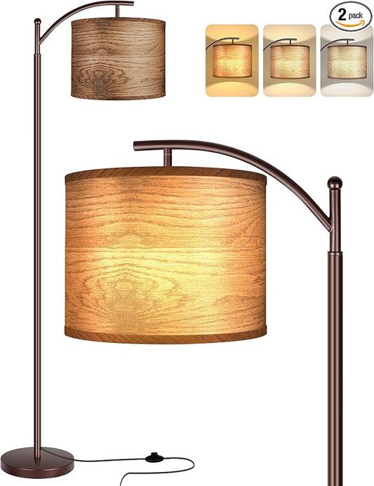 Floor Lamp for Living Room, LED Standing Lamp Tall Industrial Floor Lamp Reading for Bedroom, Office (9W LED Bulb, Wood Grain Lampshade Included) - Oil-Rubbed Bronze