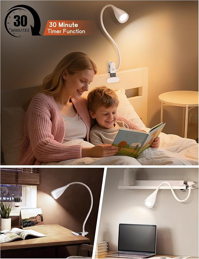 Reading Light for Book in Bed,Clip on Light Reading Lamp with Adapter White | 5 Color Modes 10 Brightness, Flexible Eye-Caring Clip on Desk Lamp Book Light for Reading in Bed Headboard Bedside Bedroom