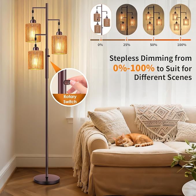 Hotsonic 72" Boho Rattan Tree Floor Lamp, Tall Dimmable Industrial Standing Lamp, Corner Decor Accent Lighting for Living Room, Bedroom, Dining Room, Nursery, Cafe (3 x 800LM Bulbs Included) - Brown