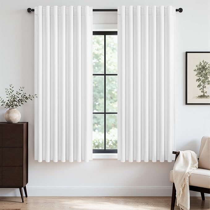 Topfinel White Black Out Curtains 63 Inch Long for Bedroom Rings Hooks Back Tab Thermal Insulated Short Linen Blackout Drapes Farmhouse Living Room Darkening Kitchen Curtains 52Wx63L