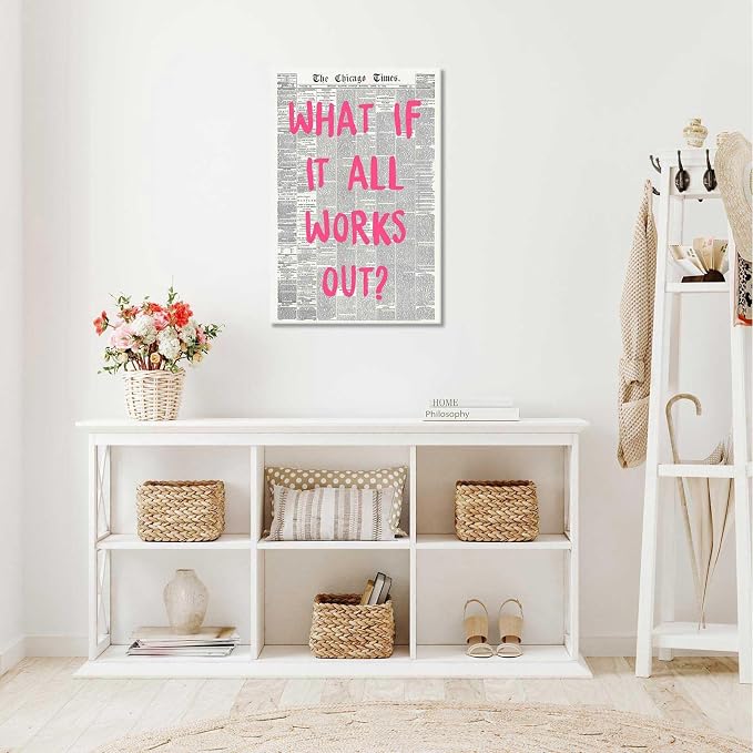 Drimiler What If It All Works Out Poster Retro Newspaper Pink Font Canvas Wall Art Positive Affirming Quote Minimalist Prints Painting For Home Bedroom Dorm Wall Decor 12x18in Wframed