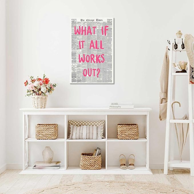 What If It All Works Out Poster Retro Newspaper Pink Font Canvas Wall Art Positive Affirming Quote Minimalist Prints Painting For Home Bedroom Dorm Wall Decor 24x36in Wframed