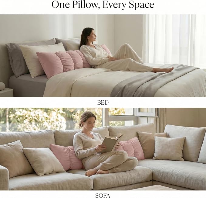Pat. Pend. Segmented Body Pillow for Side Sleepers, 47 Inch, Pink | Full body pillow for adults with a removable, washable soft velvet cover; segmented long bed pillow for side sleeping.