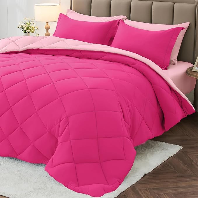 7 Pieces King Comforter Set, Reversible Bed in a Bag King Size, All Season Bedding Set with Comforter, Flat Sheet, Fitted Sheet, Pillowcases & Shams, Hot Pink & Baby Pink