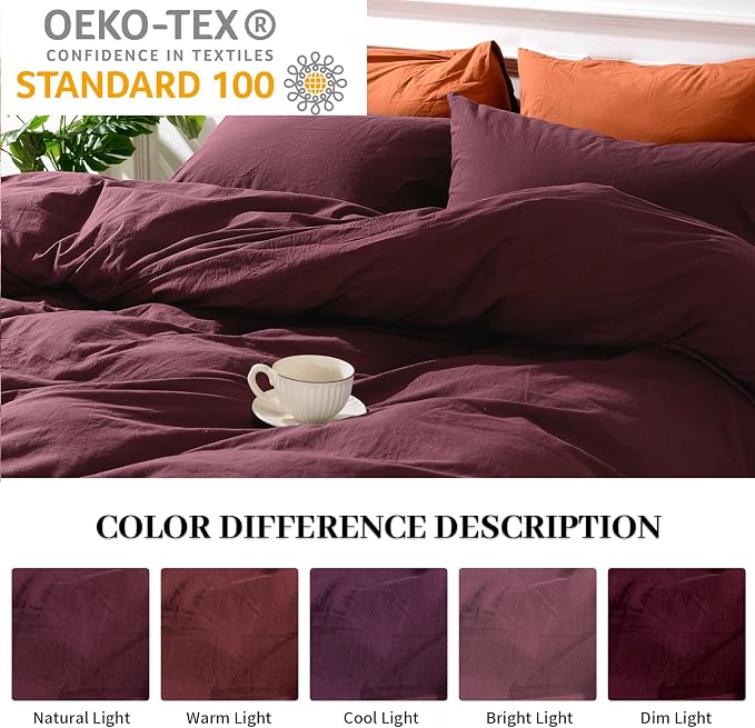 NEXHOME PRO Duvet Cover Set 100% Washed Cotton Full Size Linen Feel Textured Organic Natural 3 Pieces Bedding Set with Zipper Closure and Corner Ties, Breathable and Soft (Burgundy Red, No Comforter)