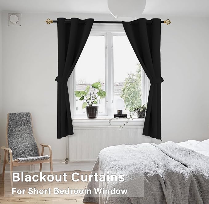 KOUFALL Blackout Curtains 50 Inches Long, Room Darkening Soundproof Short Window Curtains for Bedroom Living Room, 34" W x 50" L 2 Panels, Black