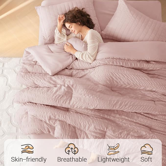 5 Pieces Twin Comforter Set, Seersucker Bed in a Bag Twin Size, All Season Luxury Bedding Set with Comforter, Flat Sheet, Fitted Sheet, Pillowcase & Sham, Rose Gold