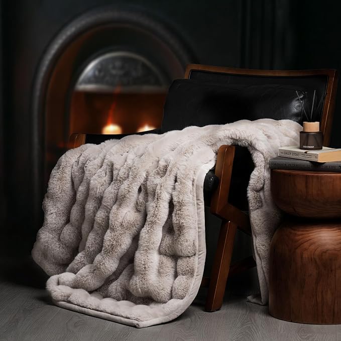 EverGrace Faux Rabbit Fur Bubble Throw Blanket, 60"x80", Taupe | Ultra Soft, Luxury Faux Rabbit Fur Throw, Thick Warm Bubble Blanket, Cozy Fluffy Reversible, for Bed, Couch, Chair, Sofa