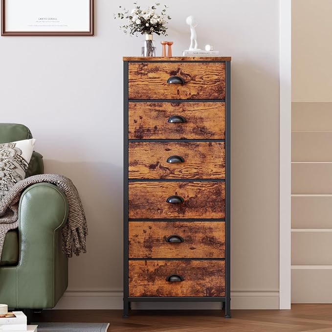 Furnulem Dresser for Bedroom, 6 Bins Tall Fabric Storage Drawers | Rustic Brown Chest of Drawers , Metal Frame, Wood Top,Tall Nightstand for Dorm,Closet, Bedside Furniture in Living Room