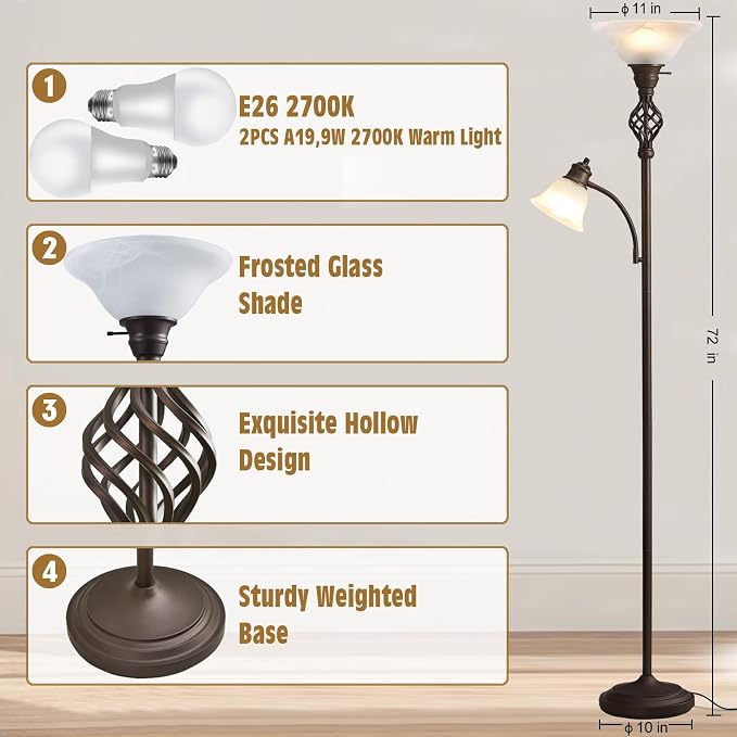 GyroVu Torchiere Floor Lamp for Living Room, LED Standing Reading Light | Glass Lampshade,72" Vintage Tall Lamps for Bedroom Corner Home Office, Bulbs Included