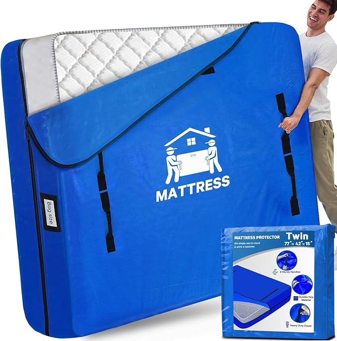 Mattress Bags for Moving, BETU Mattress Protector Waterproof Mattress Cover Twin Size Storage Bags with 8 Heavy-Duty Handles and Zipper for College Bed Extra Thick Large Reusable (77"x42"x15" Blue)