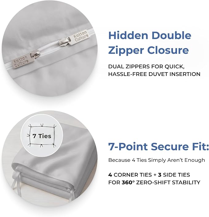 Kotton Culture 3 Pc 120" x 98" Duvet Cover Set Oversized King 100% Egyptian Cotton - 600 Thread Count Comforter Cover, Zipper Closure & Corner Ties - Fits Large King Inserts - Silver