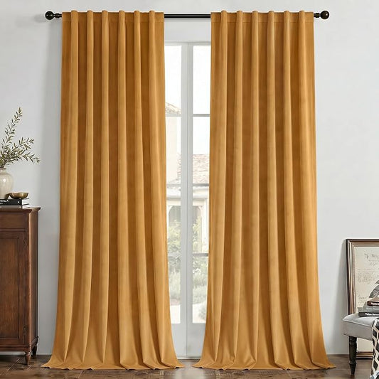 Joydeco 100% Blackout Curtains Velvet Black Out Curtain 90 Inch Drapes | for Bedroom Living Room, Heat and Light Blocking, Thermal Insulated Luxury Heavy Duty Curtain 2 Panels Back Tab&Rod Pocket