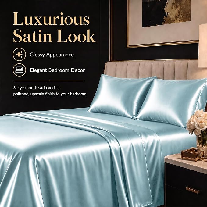CozyLux Satin Sheets Queen, 4-Piece 14-Inch Deep Pocket Sheet Set | OEKO-TEX Certified Silky Soft Sheet Set for Hair & Skin, Luxurious Silky-Smooth Satin for Elegant Bedroom Decor, Light Blue