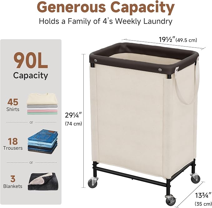 StorageWorks Laundry Hamper with Wheels and Removable Liner Bag, Beige, 90L | Laundry Hamper with Wheels & Removable Liner, Beige Rolling Cart for Bedroom, Bathroom, Apartment