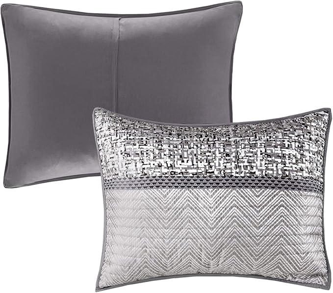 Madison Park Lustrous Jacquard Grey/Taupe King Quilt Set, 6pc | All Season Bedding Set, Glitter Accent Coverlet Set, Machine Washable, Cozy, Breathable, Soft, Modern, Casual
