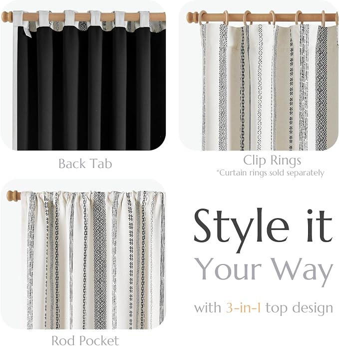 jinchan Boho Blackout Curtains 96 Inches Long for Bedroom Living Room | Black on Beige Geometric Back Tab Farmhouse Curtains Room Darkening Thermal Window Treatments 2 Panels