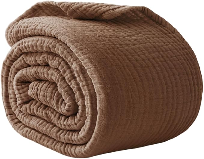100% Cotton Muslin Blanket King 108" x 90", Breathable and Lightweight Cotton Throw Blanket for Bed, Soft Cooling Summer Gauze Blanket for Adults All Season, Brown
