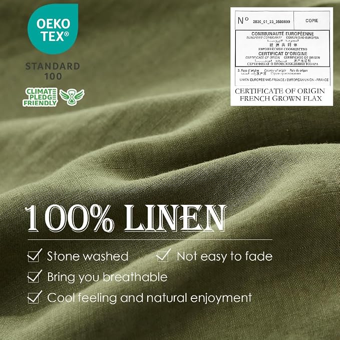 Simple&Opulence 100% Washed Linen Duvet Cover Set 5pcs(1 Duvet Cover& 2 Shams& 2 Pillowcases) Basic Style Natural French Flax Soft Breathable Farmhouse Bedding (Queen, Olive Green)