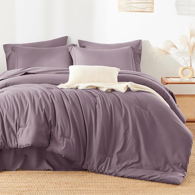 HIMEET Queen Comforter Set, 7-Piece Point-Quilted Bed in a Bag Dusty Purple | OEKO-TEX Certified, Lightweight 240 GSM Comforter, Flat Sheet, 14-Inch Deep-Pocket Fitted Sheet, Pillowcases & Shams
