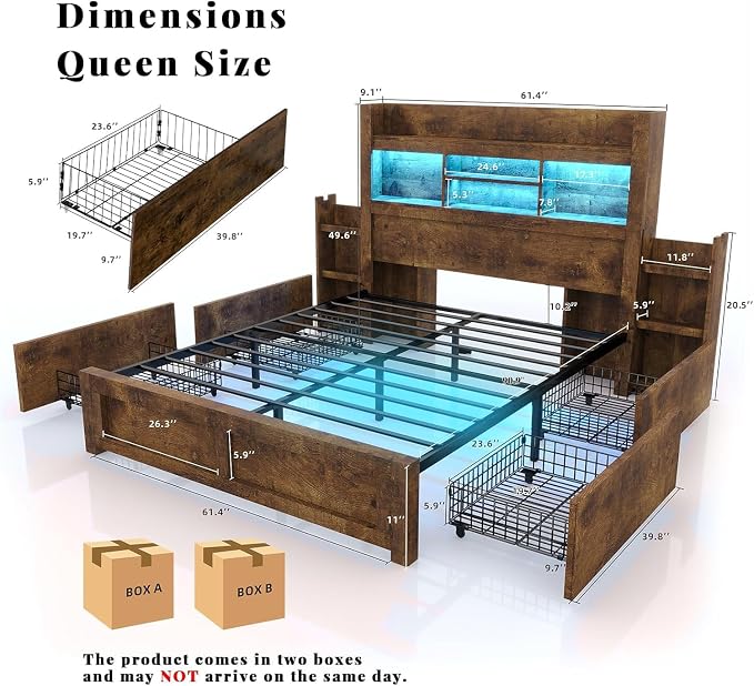 LUXOAK Queen Bed Frame with Storage, Bookcase Headboard, Rustic Brown | 49.6" Headboard, Wood Platform Bed, Charging Station, Bedside Storage, 4 Storage Drawers, No Box Spring Needed, Farmhouse