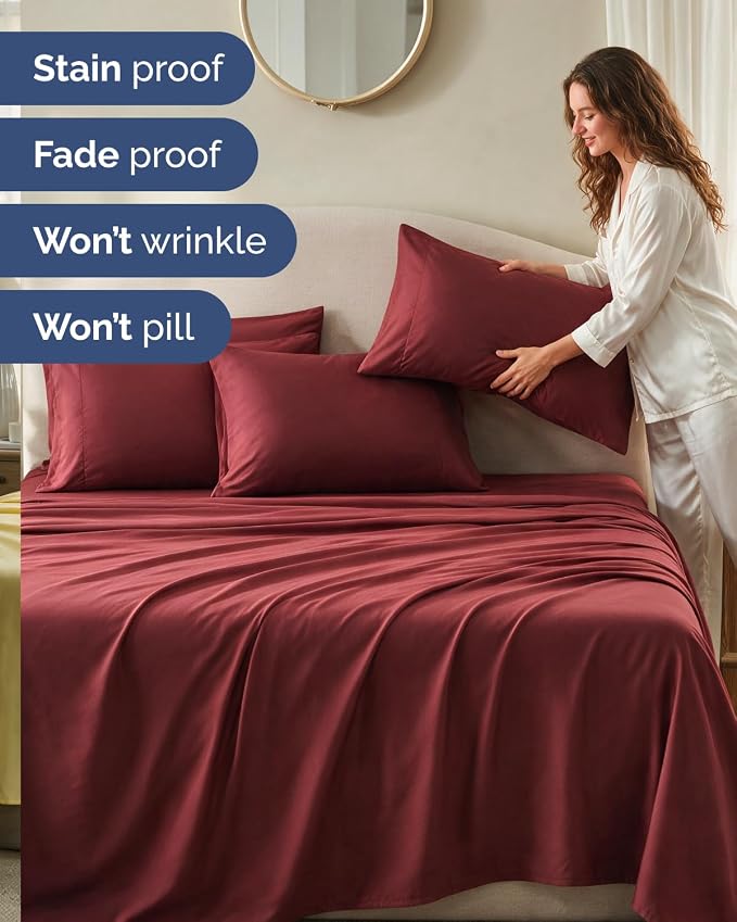 Queen 6 Piece Bed Sheet Set - Comfy, Breathable & Cooling Sheets - Oxblood | Ultra-Soft Hotel Luxury Bedding Set w/ 8-16 Inch Deep Pockets, 1 Flat & 1 Fitted Sheet & 4 Pillowcases, Wrinkle & Fade Free