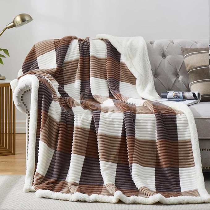 PU MEI Sherpa Blanket Twin Plaid Thick Bed Blanket, 60”*80” Super Soft Flannel Fuzzy Fleece Reversible Velvet Plush Warm Blanket for Couch (Beige Check, 60"*80")
