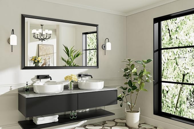 Black Metal Framed Bathroom Wall Mirror, 60x36 Inch | Anti-rust, HD tempered glass, for bathroom vanity, bedroom, living room, horizontal or vertical mount