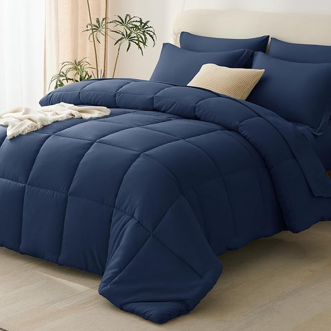 Full Size Comforter Sets, 7-Piece Bed in a Bag, Navy Blue | OEKO-TEX Certified, Box-Stitched Design, 240 GSM Down Alternative Fill, All-Season Comfort, Sheets, Pillowcases & Shams